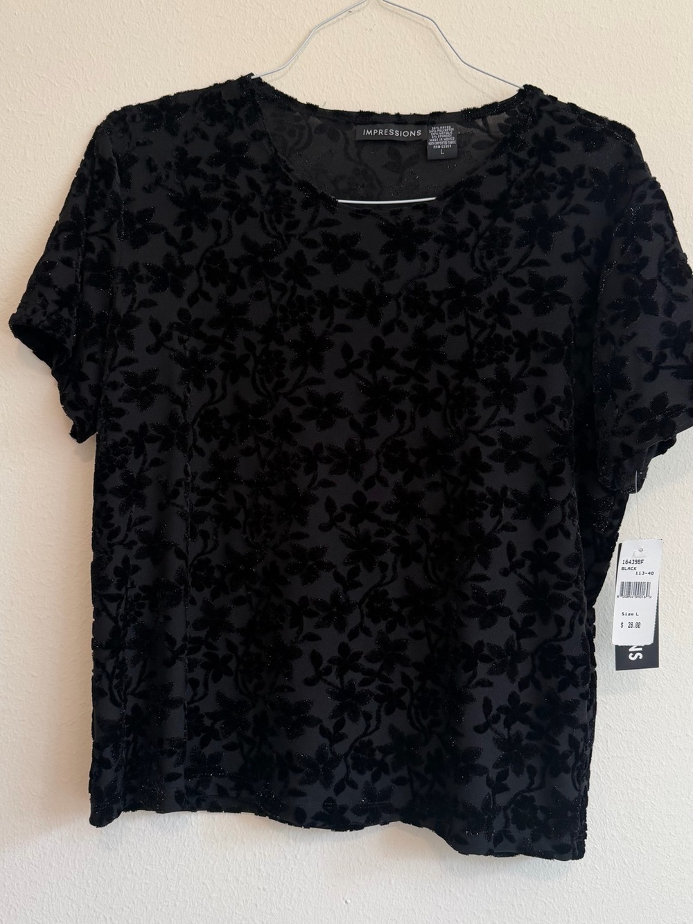 Impressions Black Velvet Burnout Floral Short Sleeve Tee